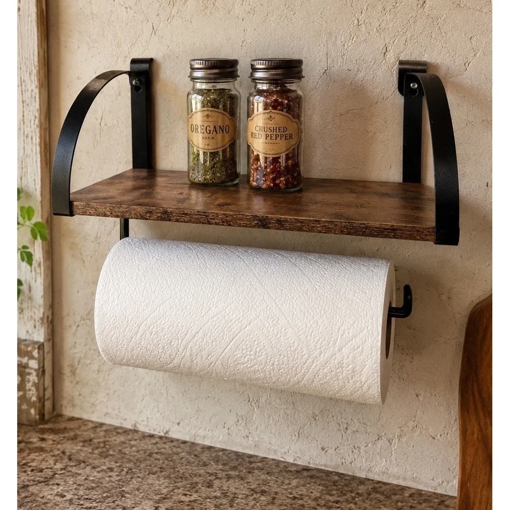 Paper Towel Holder with Shelf, Vintage Rustic Farmhouse Wall Mounted Spice Shelf